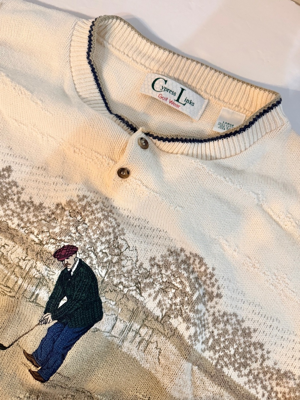 Vintage Cypress Link Embroidered Mens Golf Sweater Large Cream Grandpacore